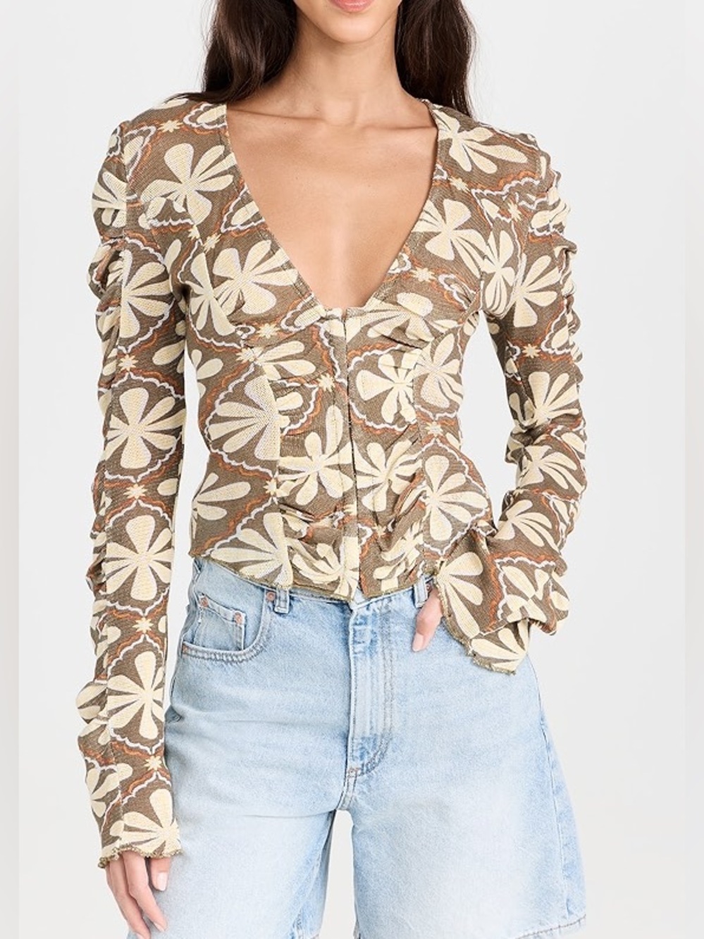 FREE PEOPLE Through The Meadow Top-Size S-Dried Basil Floral Mesh Ruched Top-NWT